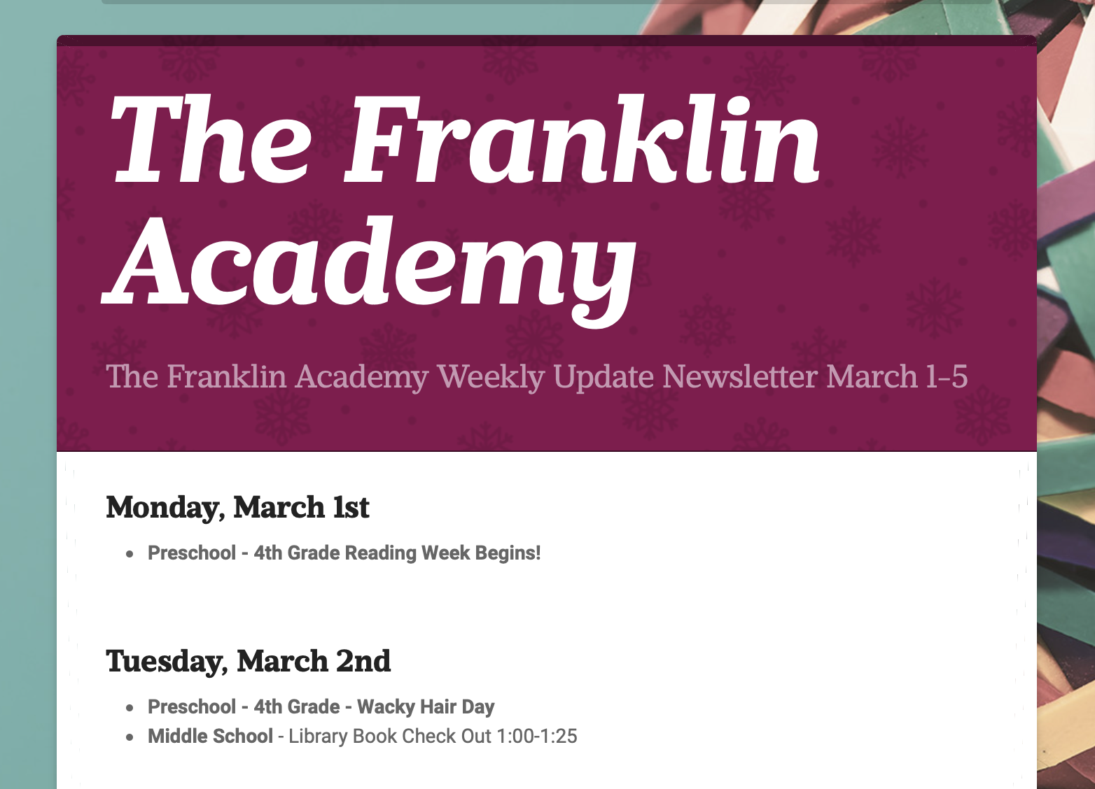 Weekly Update Newsletter March 1-5